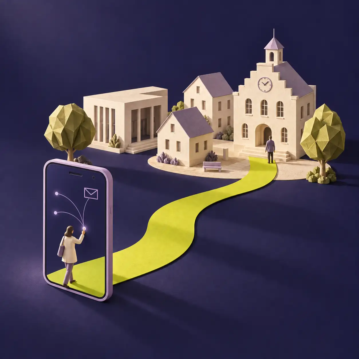 Eine Papierstadt mit Rathaus, Bürgerhaus und Wohnhäusern. Eine Frau berührt den Bildschirm eines stilisierten Smartphones. Ein limonengrüner Weg führt aus dem Smartphone zum Rathausplatz. Mit KI erzeugte Illustration.